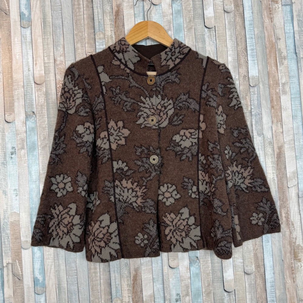 Peruvian Connection Brown 100% Alpaca Floral Knit Cardigan Sweater Mock Neck M